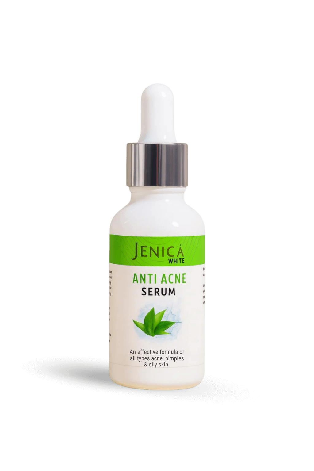 Jenica White Anti Acne Serum in a dropper bottle, designed to clear acne and soothe all skin types.