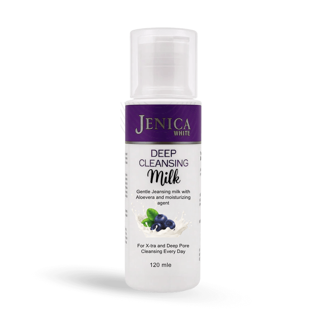 Jenica White Deep Cleansing Milk bottle, a creamy cleanser with blueberry extract for daily skin hydration.