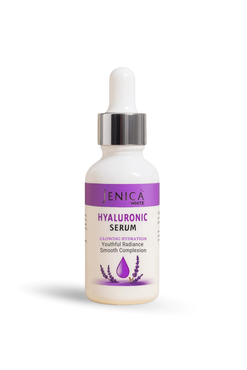 Jenica White Hyaluronic Serum bottle for glowing hydration and smooth complexion.