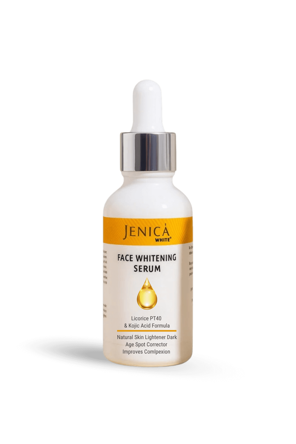 Jenica White Face Whitening Serum in a dropper bottle, designed to brighten and even out skin tone.