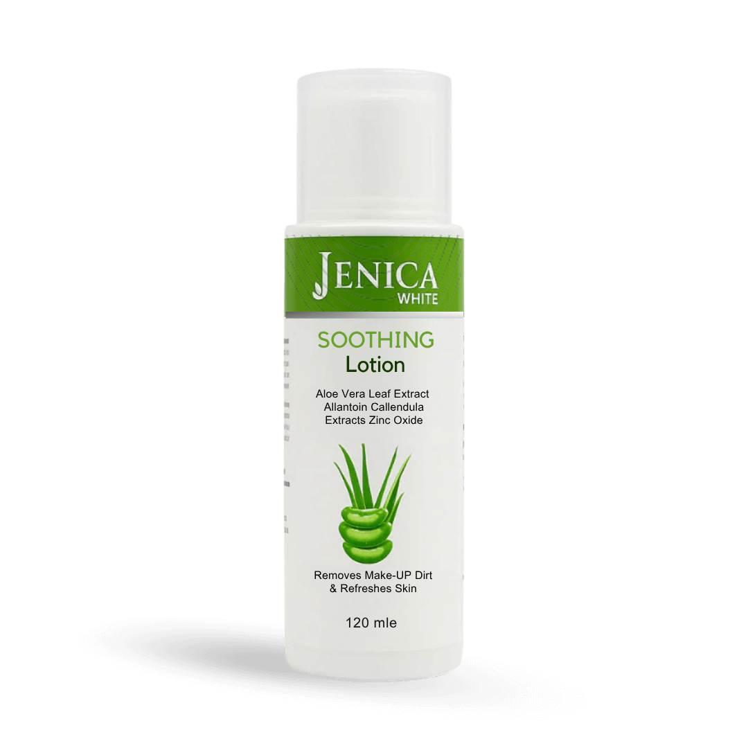 Jenica White Soothing Lotion with Aloe Vera, Calendula, and Cucumber in a 120ml bottle to refresh and calm irritated skin.
