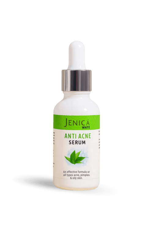 Jenica White Anti Acne Serum in a dropper bottle, designed to clear acne and soothe all skin types.