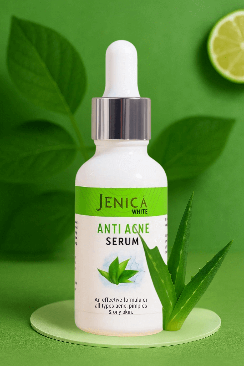 Jenica White Anti Acne Serum bottle on a green background with aloe vera and lime, designed for clear and healthy skin.
