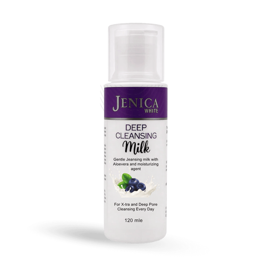 Jenica White Deep Cleansing Milk bottle, a creamy cleanser with blueberry extract for daily skin hydration.