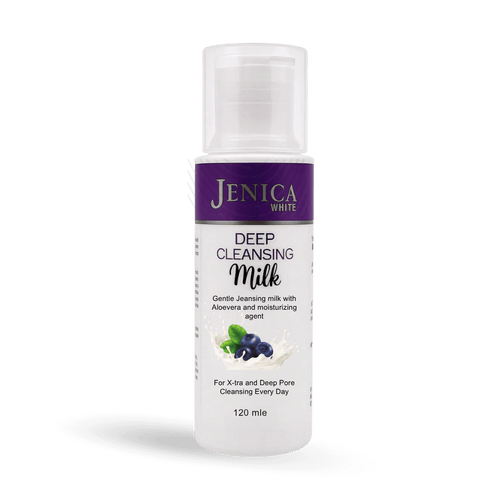 Jenica White Deep Cleansing Milk bottle, a creamy cleanser with blueberry extract for daily skin hydration.