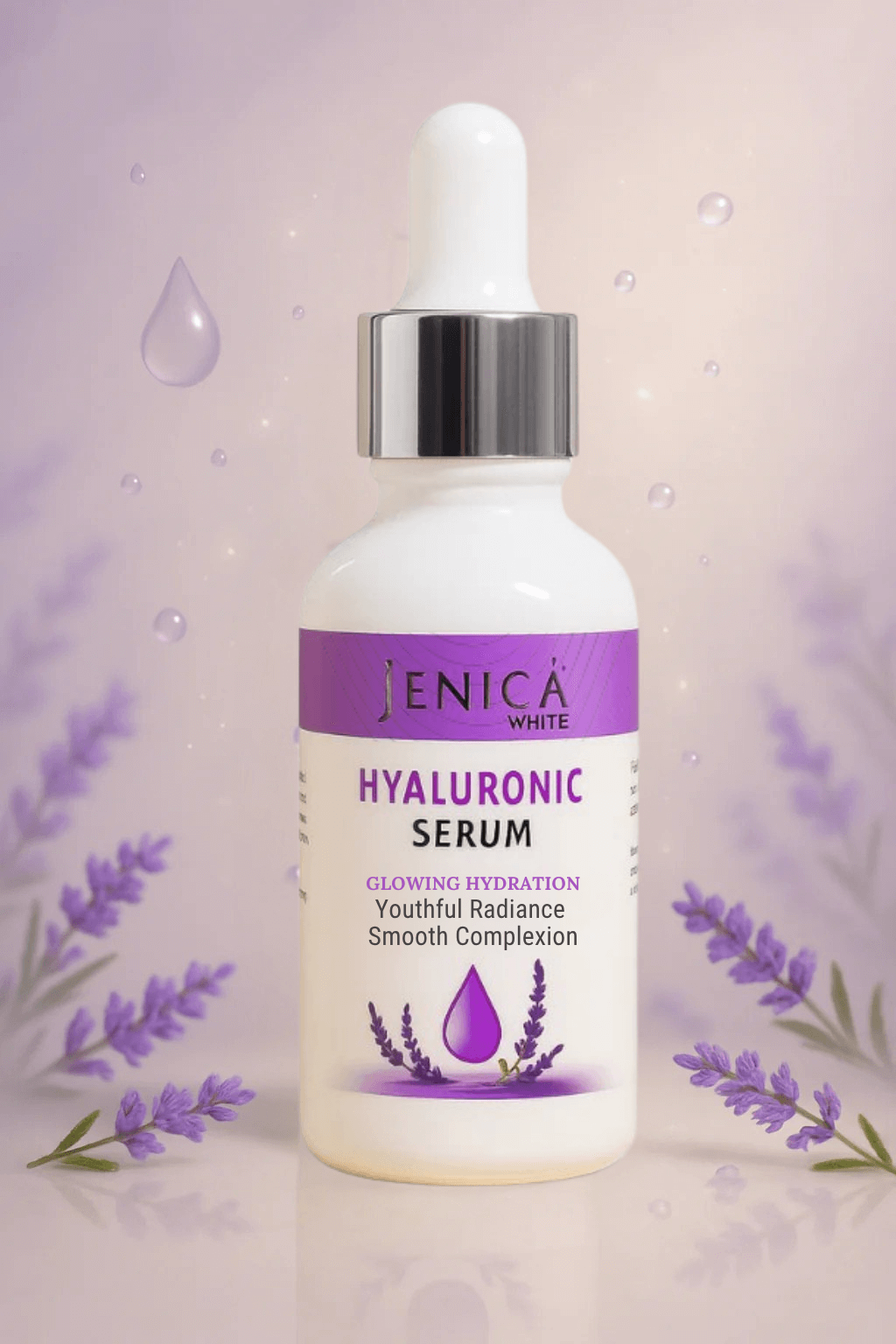 Jenica White Hyaluronic Serum in dropper bottle for glowing hydration and smooth complexion.