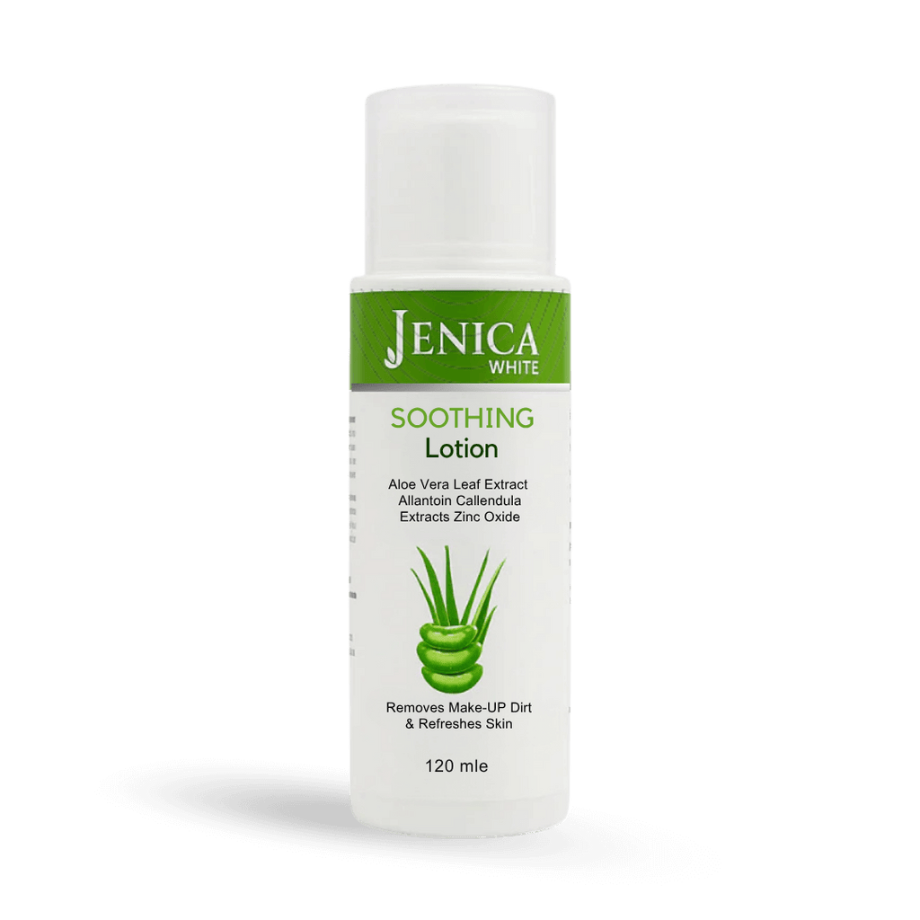 Jenica White Soothing Lotion with Aloe Vera, Calendula, and Cucumber in a 120ml bottle to refresh and calm irritated skin.