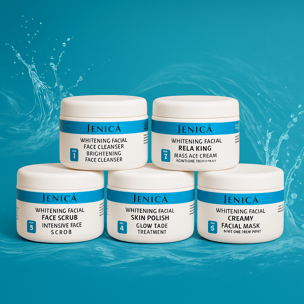 Jenica Whitening Facial 5-Step Kit products including Face Cleanser, Scrub, Skin Polish, Massage Cream, and Face Mask