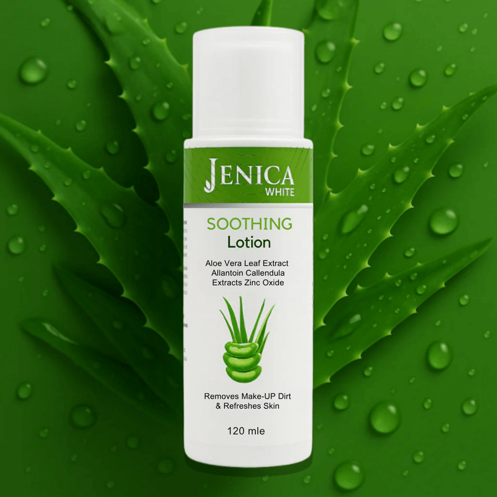 Jenica White Soothing Lotion with Aloe Vera, Calendula, and Cucumber on green background, 120ml.