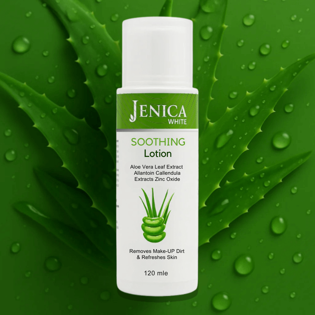 Jenica White Soothing Lotion with Aloe Vera, Calendula, and Cucumber on green background, 120ml.