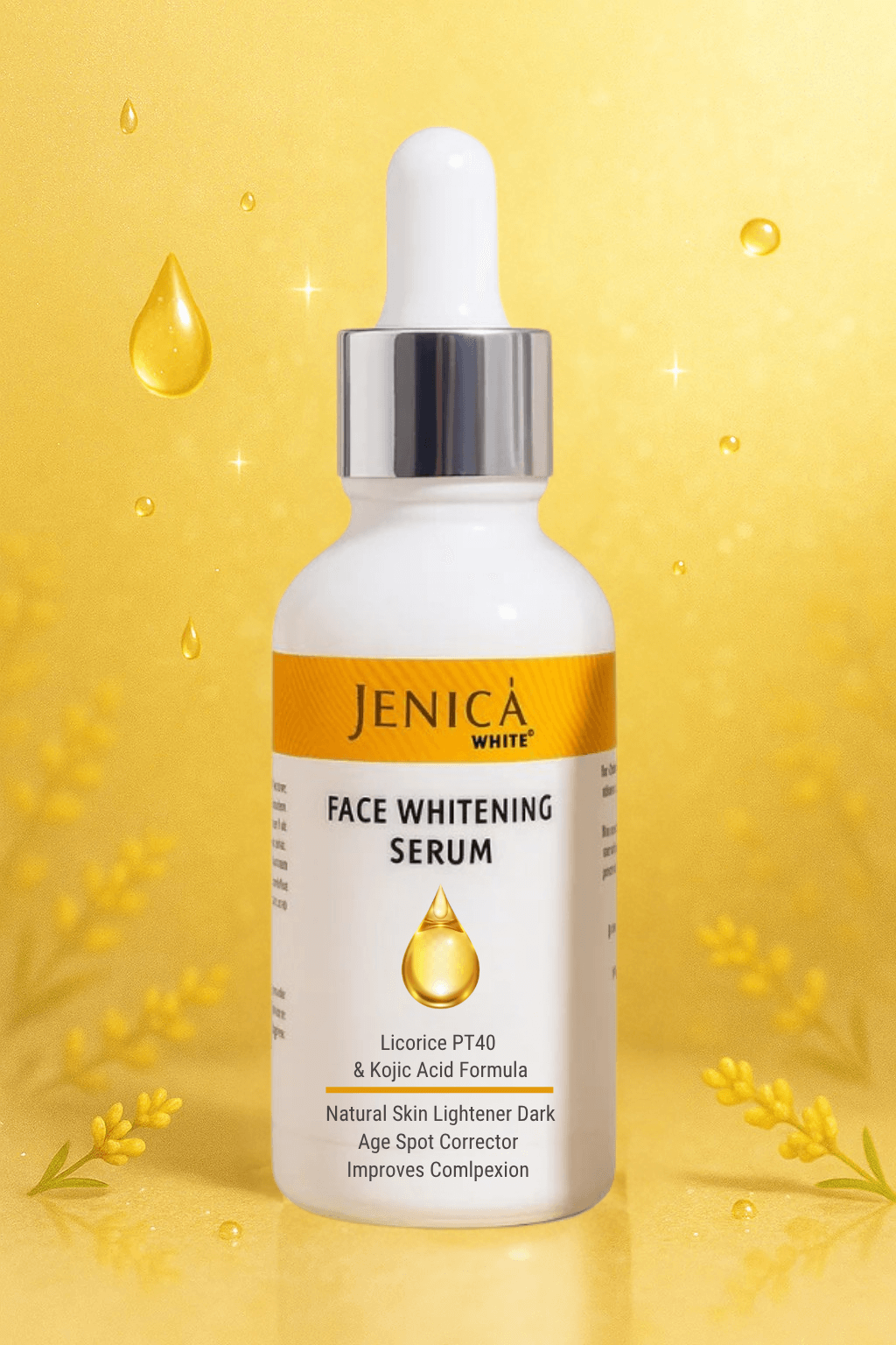 Jenica White Face Whitening Serum with Licorice PT40 and Kojic Acid, brightens and evens skin tone in a floral backdrop.
