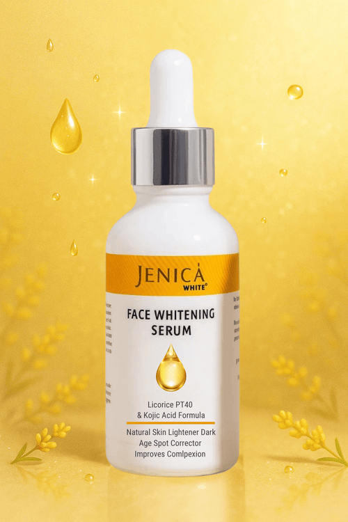 Jenica White Face Whitening Serum with Licorice PT40 and Kojic Acid, brightens and evens skin tone in a floral backdrop.