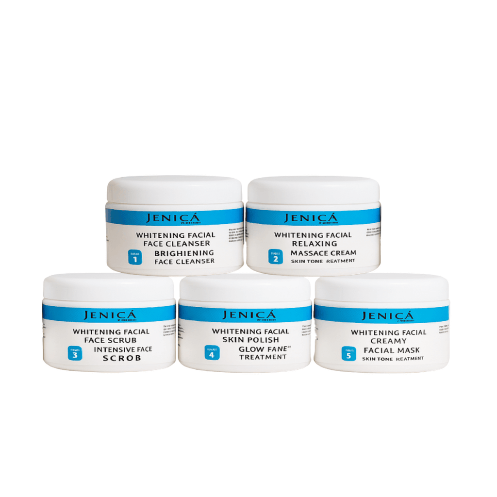 Jenica Whitening Facial 5-Step Kit featuring face cleanser, massage cream, scrub, skin polish, and facial mask for radiant skin.