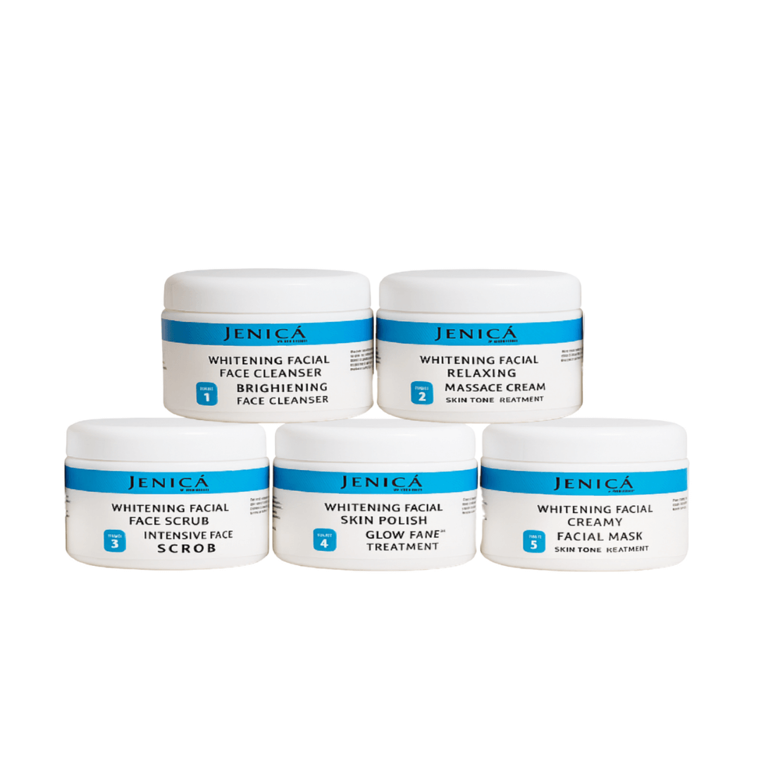 Jenica Whitening Facial 5-Step Kit featuring face cleanser, massage cream, scrub, skin polish, and facial mask for radiant skin.