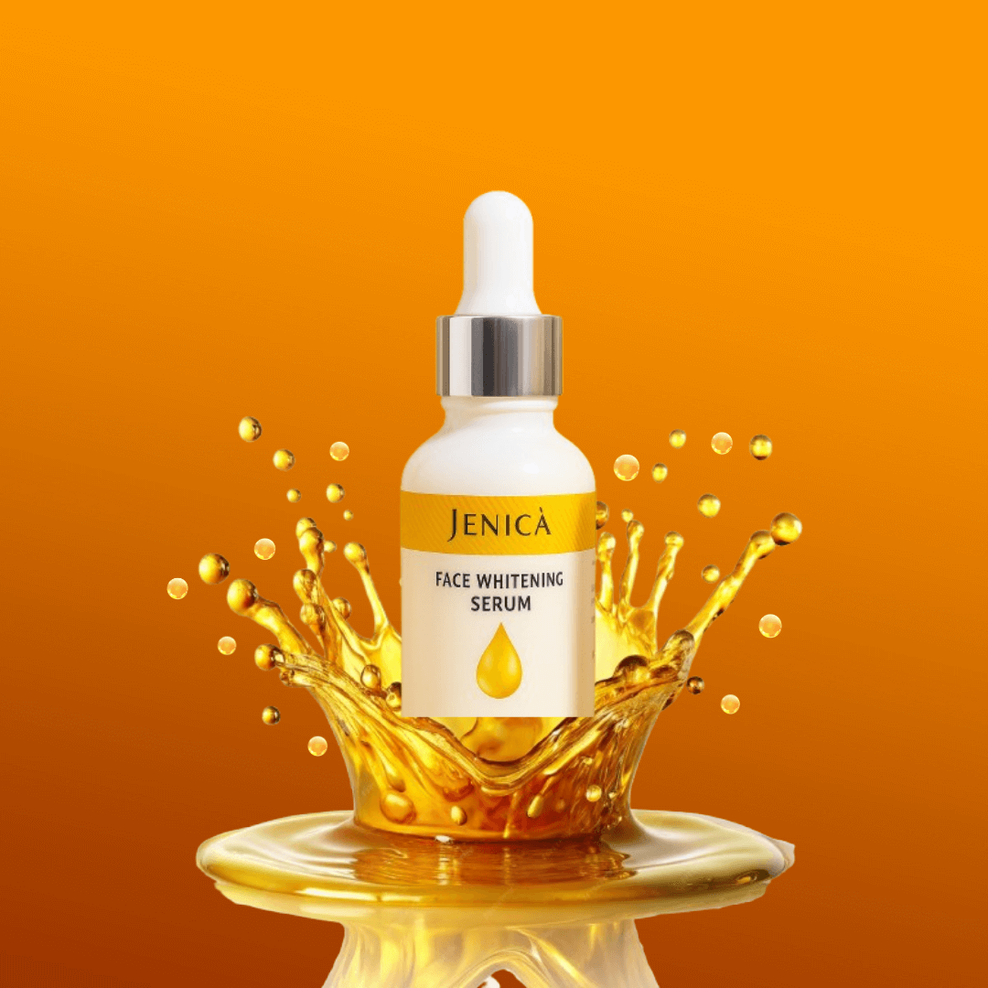 Jenica White Face Whitening Serum bottle with splash effect, designed to brighten and even out skin tone.