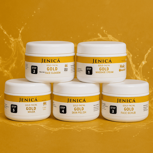 Jenica Gold Facial Kit - 5 organic skincare products for glowing skin and beauty treatment.
